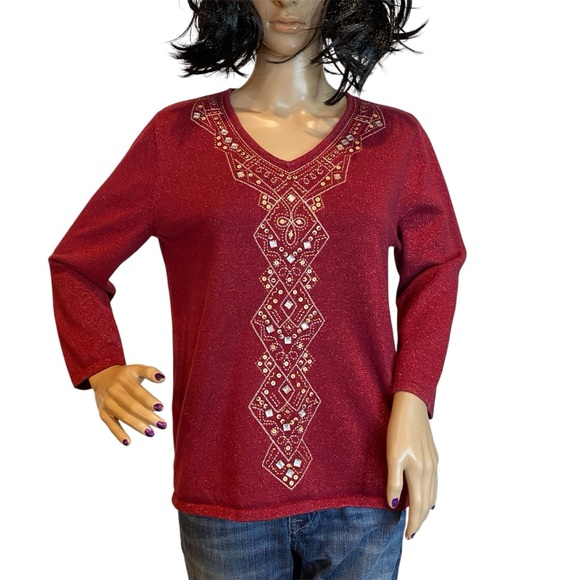 Alfred Dunner Sweaters - Alfred Dunner Sparkly Embellished Shimmery V-Neck Sweater Top Maroon Small VGC